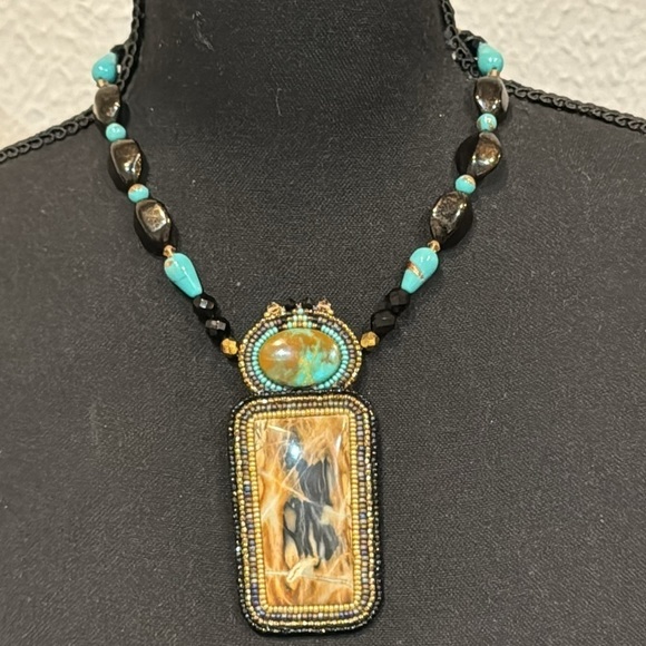 Picasso Marbel Turquoise Austrian Crystals facet Beads pendant necklace Signed - Picture 2 of 11